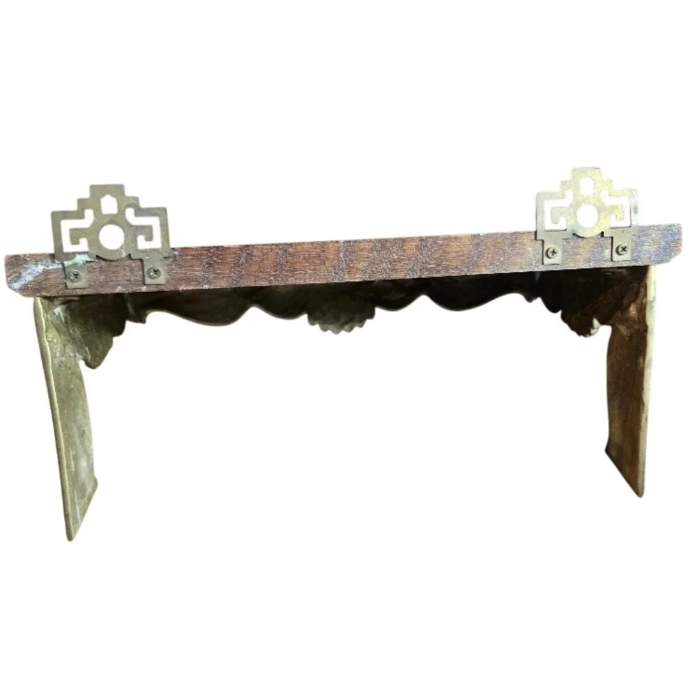 Vintage MCM Brass and Wood Wall Shelf, Ornate Asian Wall Display, Shelving